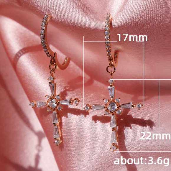 NEW Rose Gold Diamond Cross Huggie Hoop Earrings - Picture 2 of 2